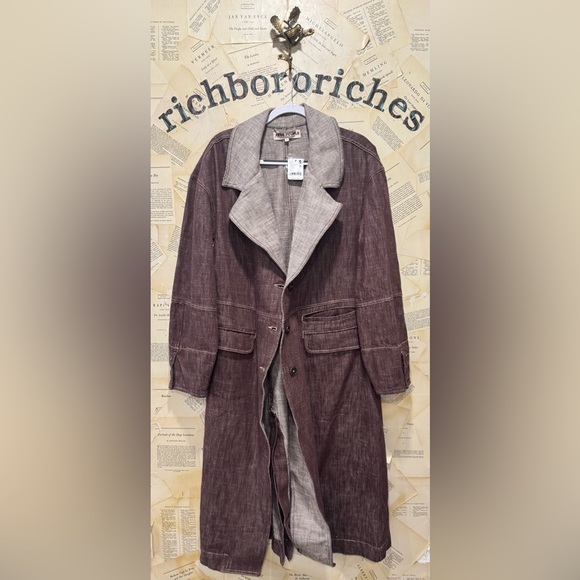 Free People Micah Wash Duster Maxi Flap Pockets Button Lapels Brown Combo - Picture 5 of 6